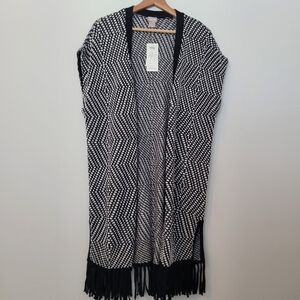 Chico's Long Cardigan Sweater Vest Black/White Size 2 Large Open Front Cardigan